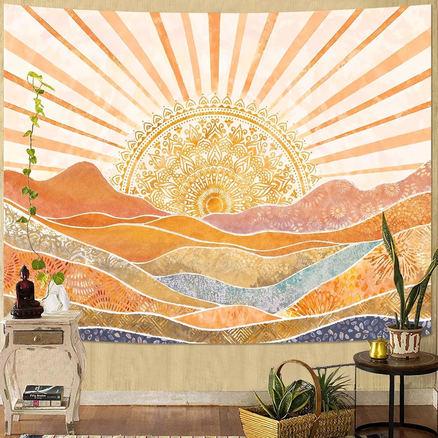 Aesthetic Tapestry - Estetik Boho Güneş Dağı Gobleni, Suluboya