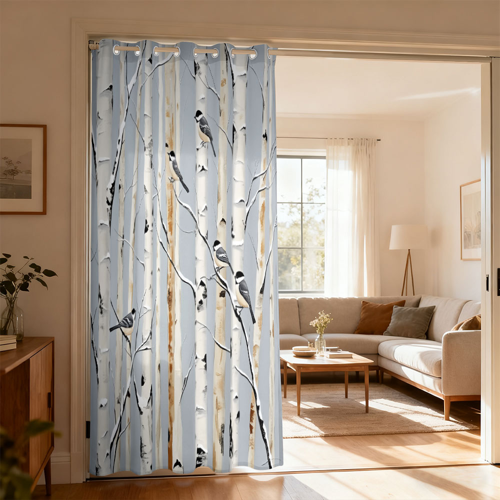 Home Decor Curtain - 1 adet huş ağacı ormanı titmouse