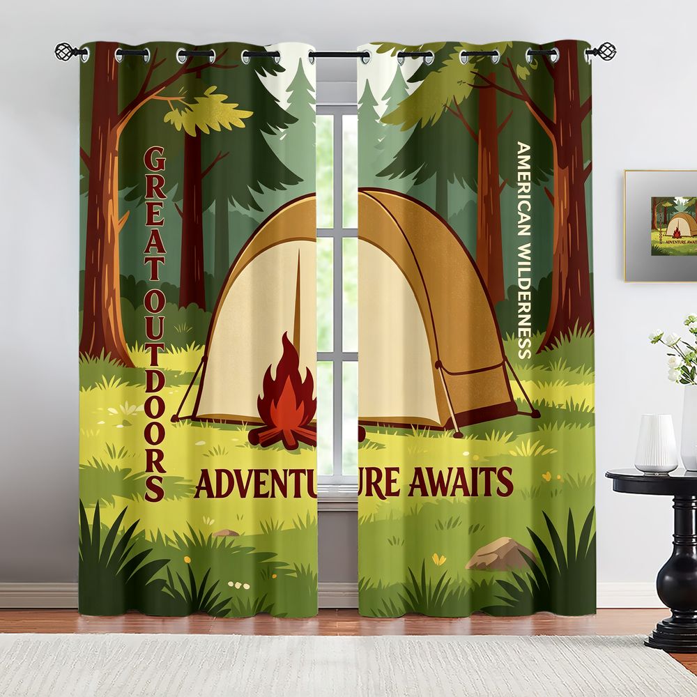 Home Decor Curtain - Kamp Manzarası Baskılı Perdeler, Rustik Doğa