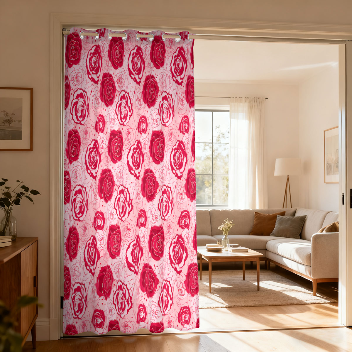 Home Decor Curtain - 1 adet Açık Yeşil Taban Pembe